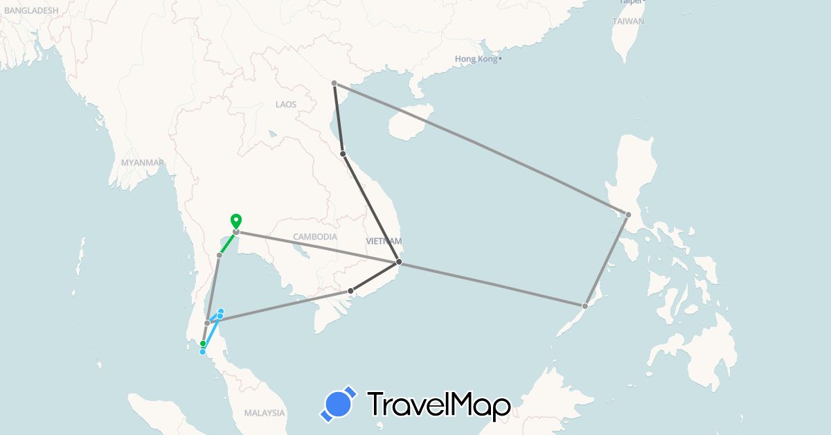 TravelMap itinerary: bus, plane, boat, motorbike in Philippines, Thailand, Vietnam (Asia)
